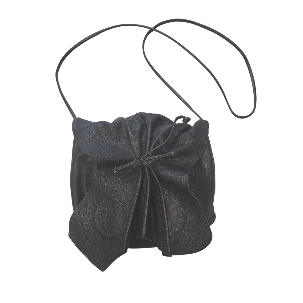 Carlos Falchi Black Buffalo Leather Drawstring Bow Crossbody Bag Handbag